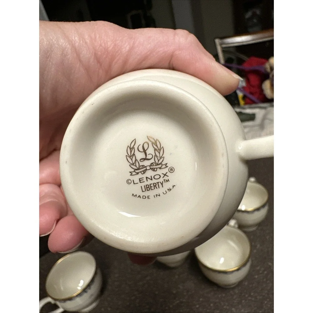 Lenox‎ Liberty Cups Set of 6 Ivory Blue Gold Trim Footed Tea Coffee USA